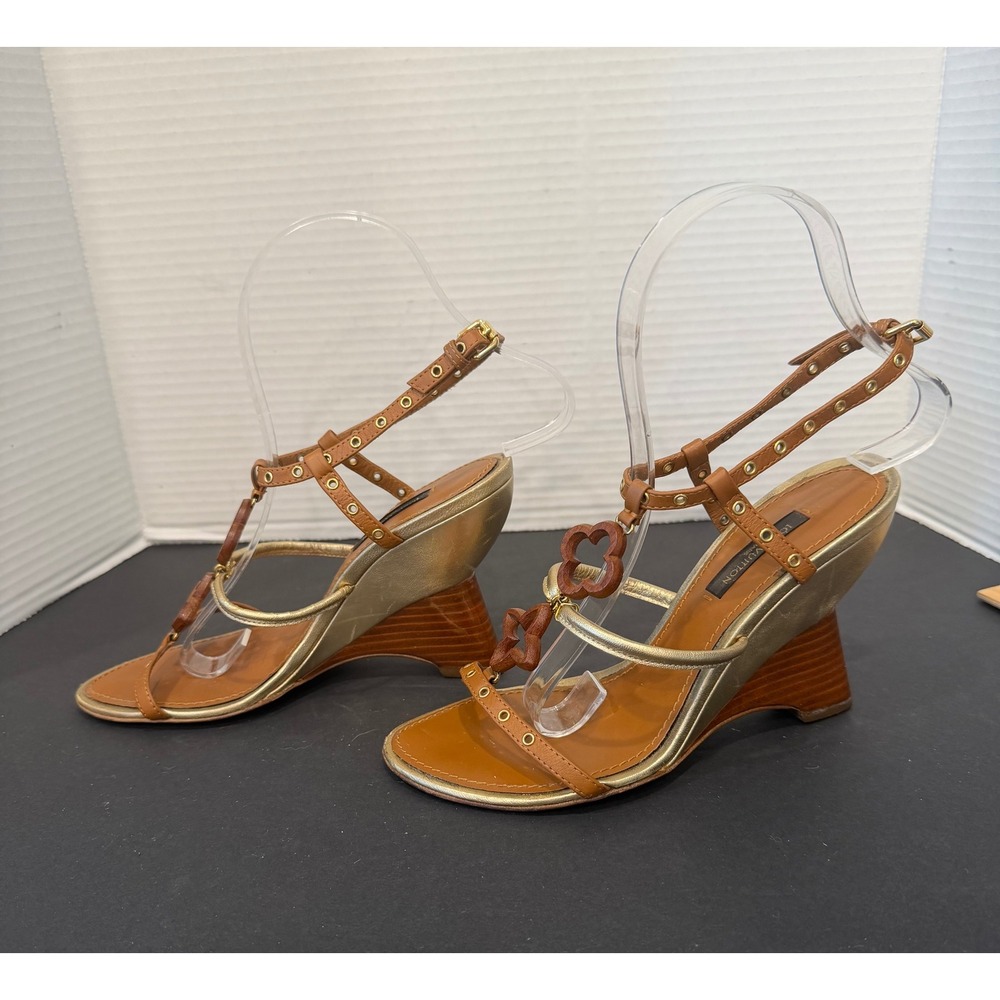 Louis Vuitton Andalucia Wedge Cognac Brown Monogram Flower Strappy Sandals